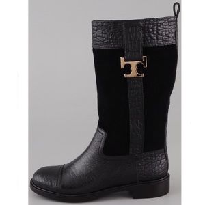 SOLD - Tory Burch Black Suede and Leather Embossed Boots